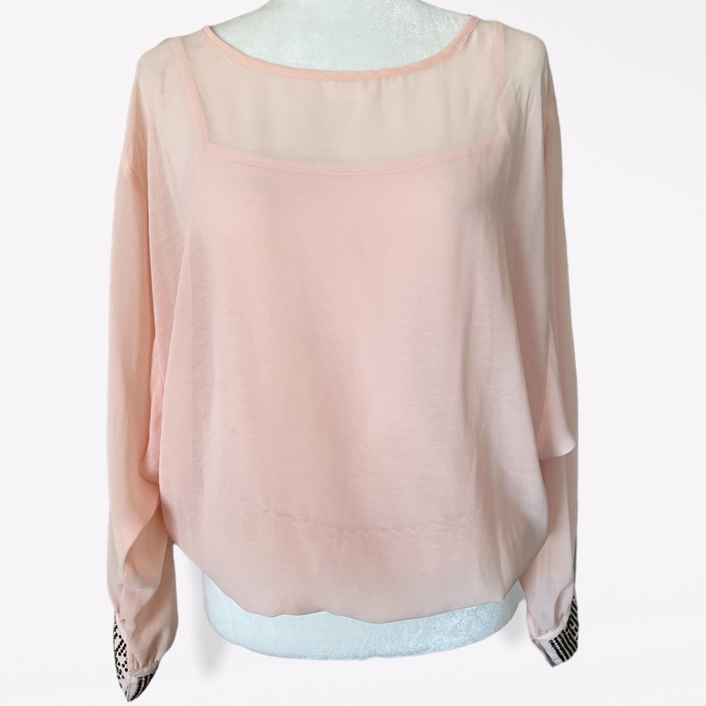 By & By Women's Peach Long Sleeve Brown Stud Cuff Sheer Attached Tank Size Small